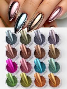 16色美甲粉金属镜面效果颜料仿珍珠闪粉浸粉美甲艺术装饰套装美甲用品 - 彩色 - 查看 10