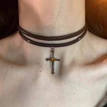 1 Pc Gothic Vintage Brown Braided Rope Cross Choker Necklace For Women Jewelry Accessories Fashion Zirconia Collar Leather Clavicle Choker Necklace Decoration Collar Birthday/Engagement/Holiday Gifts Everyday Jewelry, Elegant Accessory - 如圖所示 - 查看 4