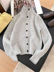 1 pieza Cárdigan de punto acanalado suave de color contrastante, de cuello alto, jersey de manga larga versátil y de moda único para mujer - Gris Claro - Ver 4