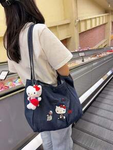 Sanrio 2025 New Women's Denim Handbag, Cute Cartoon Embroidered Shoulder Bag, Large Capacity Canvas Tote Bag, Lightweight Casual Commuter Bag, Adorable Gift Choice - Multicolor - View 10