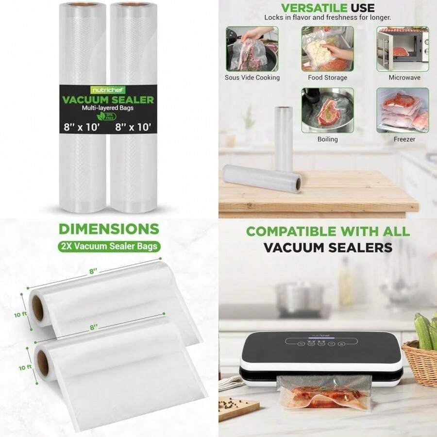 nutrichef Two 8"X10' 4 mil Commercial Vacuum Sealer Storage Rolls, Create Your Own Size Bag For NutriChef, and Other(For NutriChef, and Other Brands.) - Tipo 1 - Ver 1