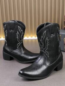 Botas vaqueras de media pantorrilla estilo retro americano occidental para hombres, botas de montar con tacón cuadrado estilizado y bordados