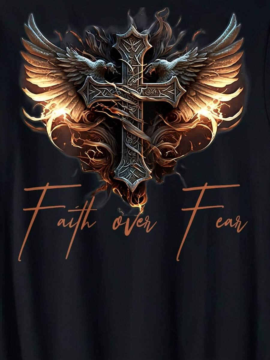 Men's Faith Over Fear Graphic T-Shirt With Angel Wings & Cross Design - Black - 款式6 - 查看 1