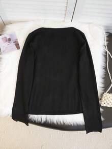 Sweet Fitted Personalized Lace-Up Knit Sweater, Casual Cute, Suitable For Outings And Dates. Hollow Round Neck Long Sleeve Knit Pullover, Essential For Christmas And New Year. - Black - View 8