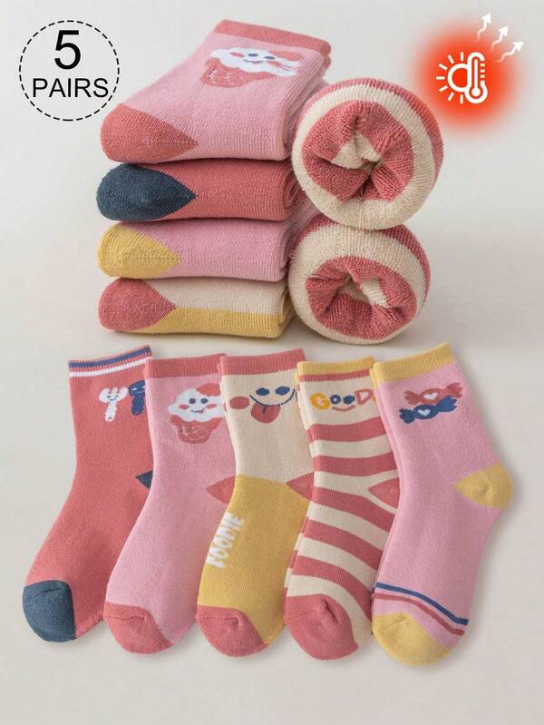 5 paia di calzini in misto lana per ragazze, calzini spessi e caldi per bambini e bambine, bianchi, rosa, gialli, blu, a blocchi di colore, a righe, con lettere, gelato e cuori, adatti per l'autunno/inverno, morbidi, spessi, semplici, carini, versatili, adatti per l'uso quotidiano, studenti