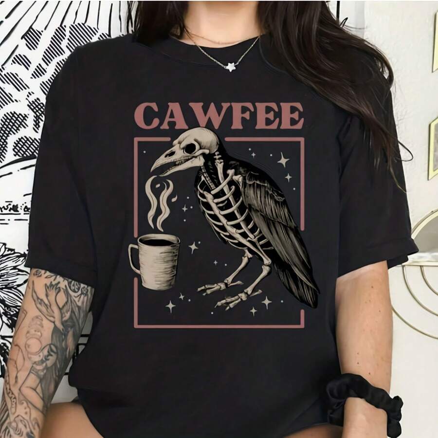 Crow Shirt, Crow Gift, Crow Coffee Shirt, Crow Skeleton Shirt, Funny Crow Shirt, Crow Skull Shirt, Coffee Lover, Halloween - 款式7 - 查看 1