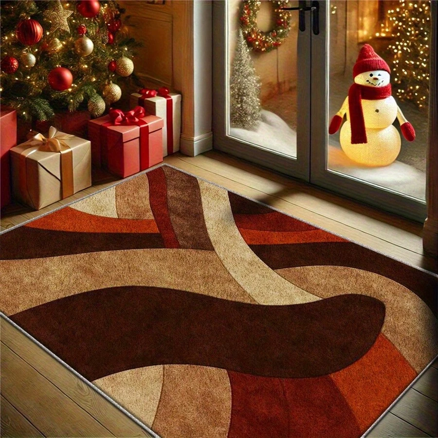 850gm² Plastic Backing Retro Bohemian Style Washable Carpet, Large Thin Decorative Rug, Abstract Wave Pattern, Retro Brown Tone, Modern Art Style Carpet For Living Room, Bedroom, Outdoor And Indoor Use, Living Room Carpet, Festive Home Decoration, Elegant Home Accessories, Texture, Festive Decoration, Fashionable Floor Covering, Soft Texture, Decorative Mat, Holiday Shoppers - 彩色 - 查看 1