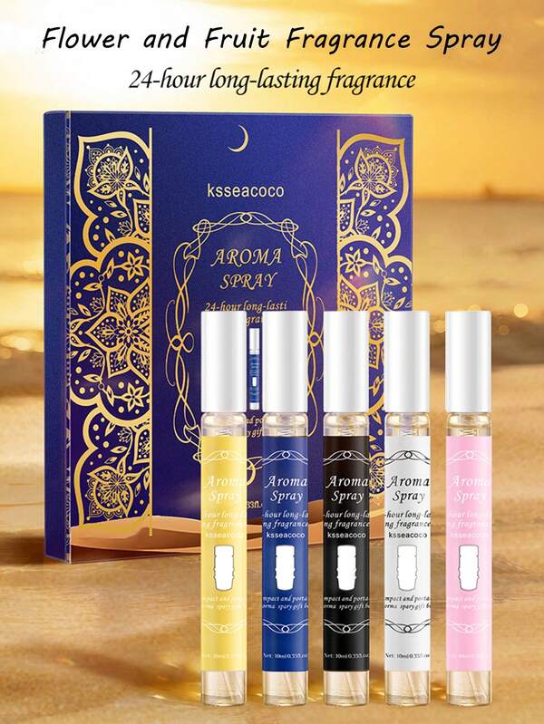 5pcs/Set 10ml/0.34fl.Oz Irresistible Floral & Fruity Fragrance Spray - 5 Alluring Scents (Floral, Fruity, Woody, Green Leaf),Alcohol-Free, Long-Lasting,Glass Bottle With Silky Finish, Compact & Portable,Daily Home Use, Romantic Ambiance,Perfect Halloween/Christmas Gift