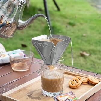 Portable Outdoor Camping Coffee Filter Holder, Stainless Steel Folding Funnel With Bracket, Filter Cup, Coffee Drip Holder