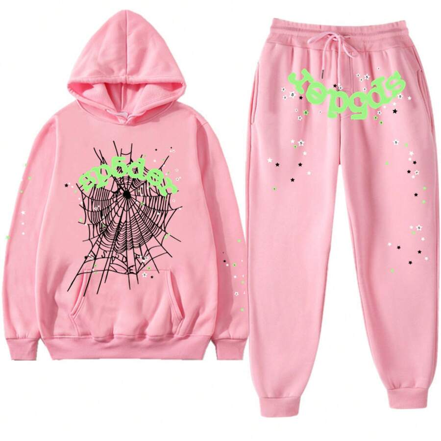 Spider Web 55555 Men's 2025 Graphic Letter Print Sweatshirt & Jogger Pants Set, Oversized Knit Sweater With Cuffed Hem, Casual Streetwear Tracksuit, Y2K Autumn Winter Loungewear - 粉紅色 - 查看 1