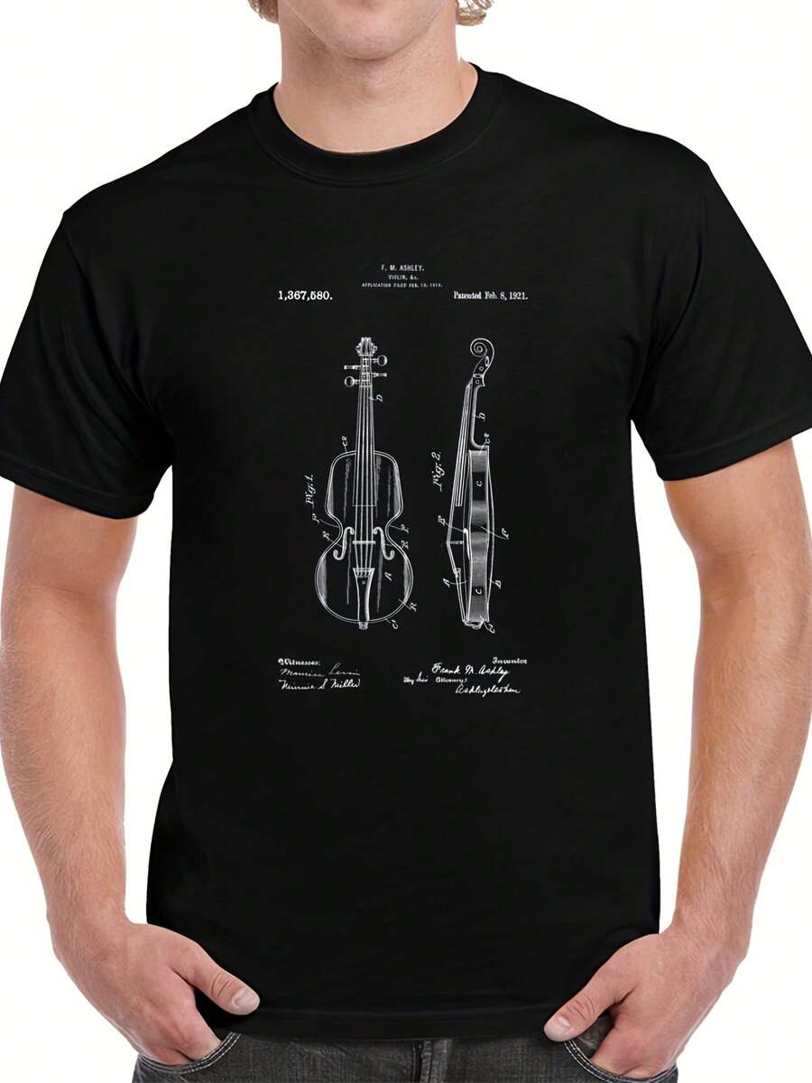 1921 Antique Violin Patent Blueprint T Shirt - 款式24 - 查看 1