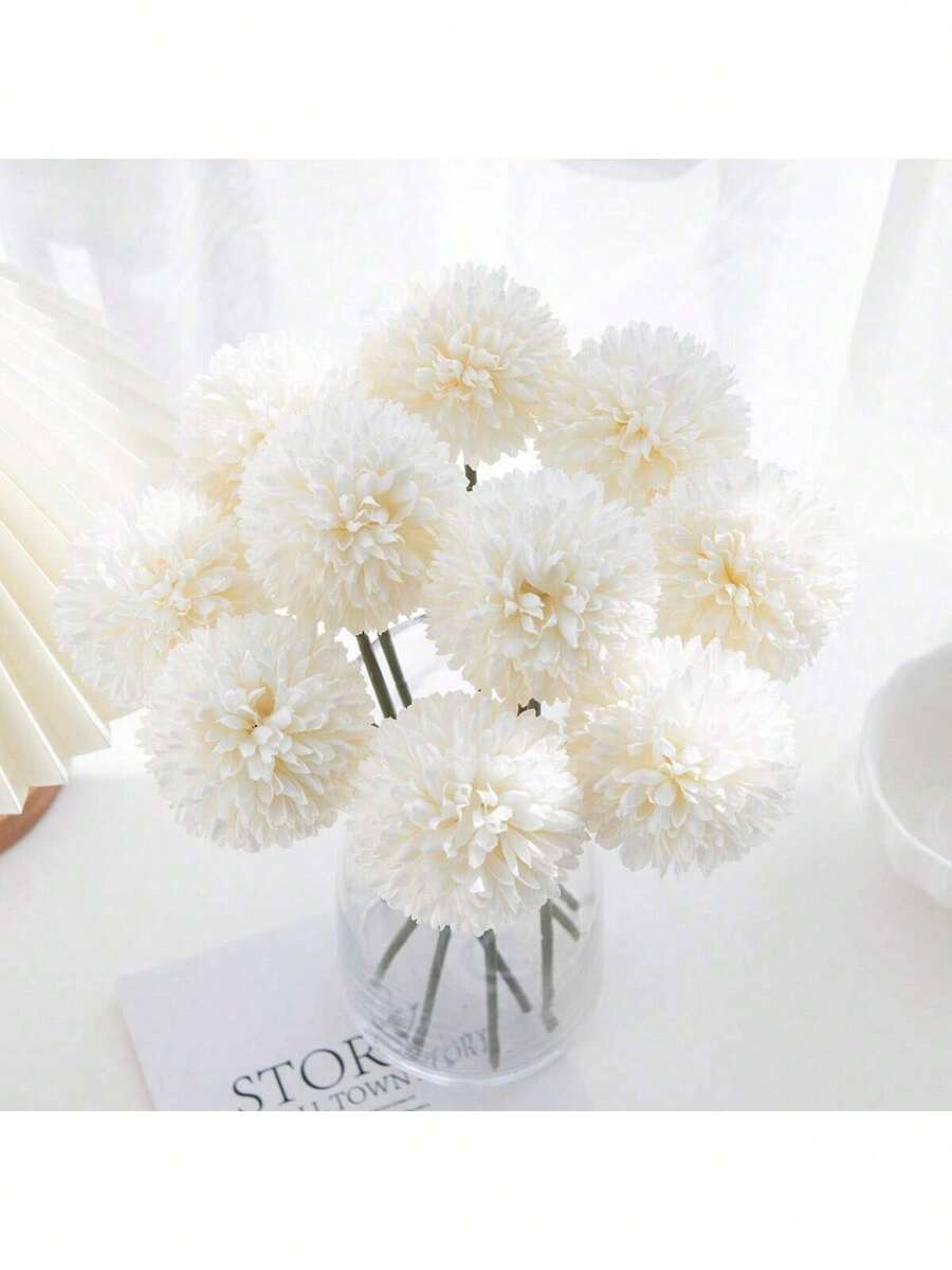 1/5/240PCS Artificial Flowers Hydrangea Bouquet Stems Silk Ball Chrysanthemum Spray Faux For Bridal Bouquet Branches Greenery Stems Silk Plastic Plants Floral For Spring Autumn Decorations Wedding Vase For Home Dining Room Bedroom Decorations, Festival Birthday Party Accessories, Outdoor Garden Decorations - Beige - View 1