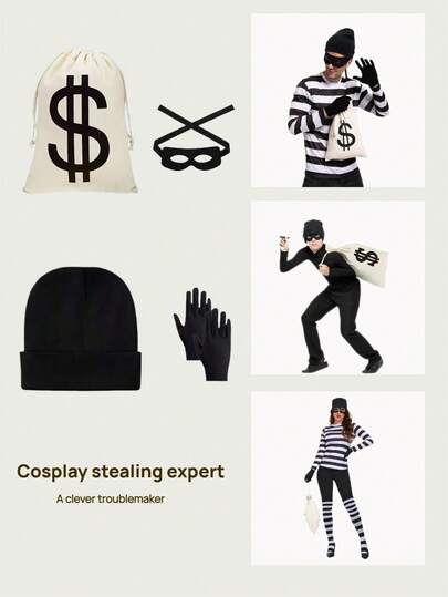 5件套纯色街头恶作剧角色扮演配饰套装，包括手套、帽子、面具和收纳袋，适合万圣节和其他节日派对、舞台和戏剧表演。