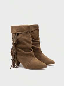 Women's Slouchy Fringe Boots – Gathered Pointed Toe Mid Heel Boho Boots Without Zipper - màu nâu - Xem 3