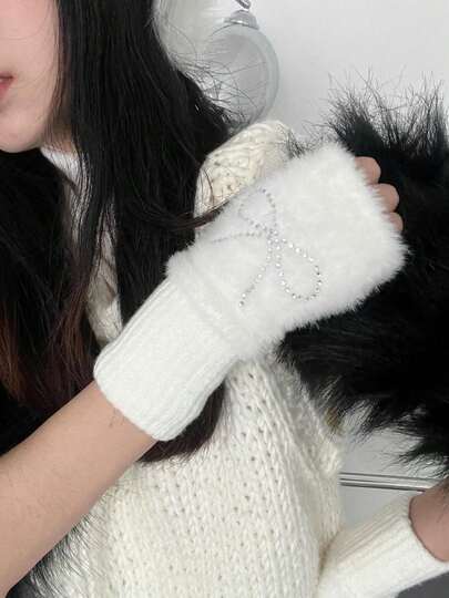 1 双可爱蝴蝶结仿毛皮半指手套，女士加厚保暖冬季手套，适合学生，日常百搭，感恩节、圣诞节、冬季假日服装，女士+冬季装备+手套+熊+圣诞夏季