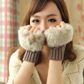 1pc Faux Rabbit Fur Knitted Fingerless Gloves, Warm For Autumn/Winter