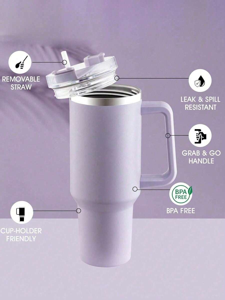 1pc 40oz/1200ml Stainless Steel Insulated Travel Mug - With Straw, Thermal Stainless Steel Water Bottle, Iced Coffee Travel Cup, Fashionable Travel Tumbler, Christmas Gift - Multicolor - View 1