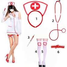 Conjunto de 5/7 peças para cosplay de Natal, adereços para fantasia de Halloween, adereços divertidos de enfermeira, brinquedo adulto, adereços de enfermeira para simulação de médico, uniforme de enfermeira para festa em bar, itens de novidade para adultos, adereços para fantasia de enfermeira: estetoscópio, touca de enfermeira, meias de enfermeira, tiara cruzada sexy de enfermeira, ideal para brincadeiras de Dia dos Namorados, para todas as estações (casal, brincadeiras de faz de conta, fantasia de enfermeira)
