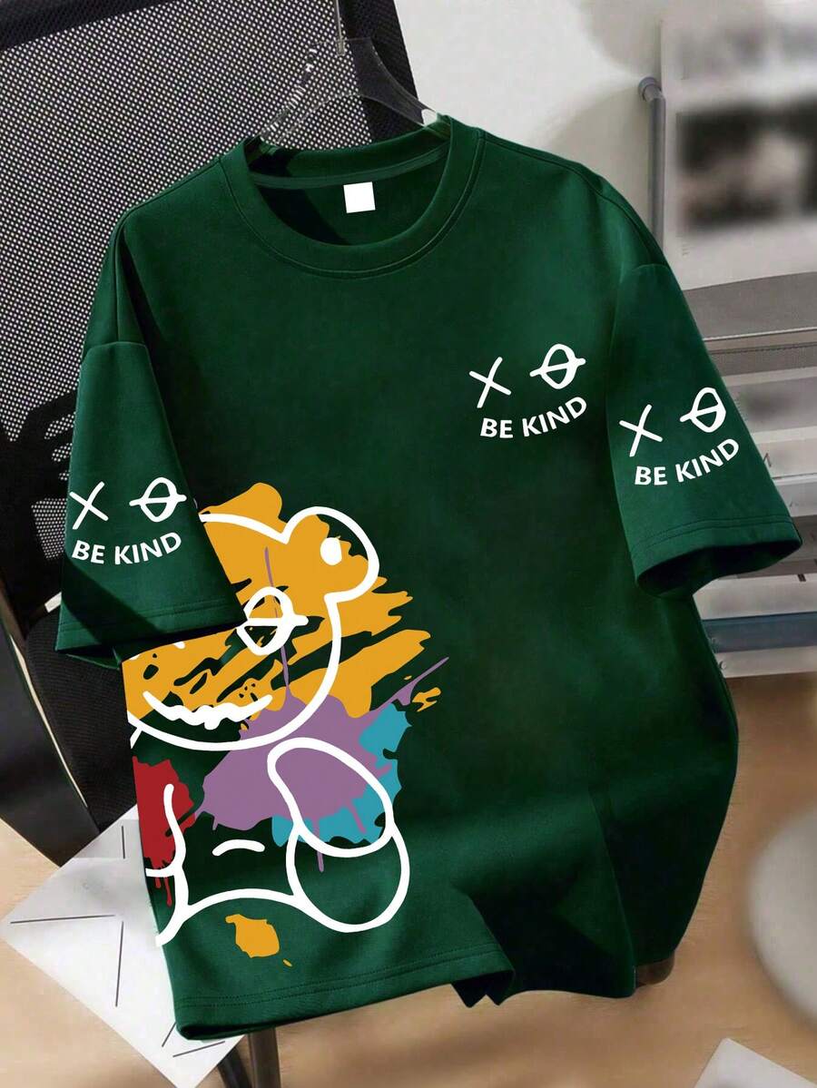 Camiseta de manga corta suelta y fresca con diseño de oso de graffiti callejero para adolescentes varones, ropa casual de calle para el verano - Verde Oscuro - Ver 1