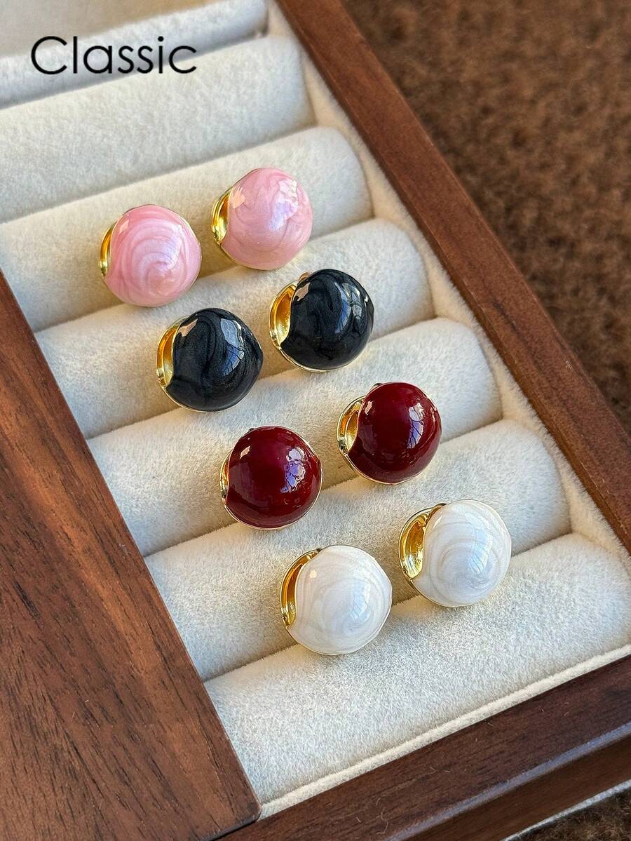 Bộ 4 đôi khuyên tai bi tráng men cao cấp, phong cách Pháp cổ điển sang trọng tối giản, đa năng, phù hợp cho trang phục hàng ngày, đi làm, hẹn hò, thường ngày, bộ khuyên tai bằng đồng thời trang dành cho nữ