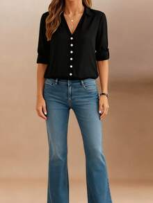 Nueva camisa casual suelta con botones de unicolor elegante para mujer de talla grande, negra de verano - Negro - Ver 5