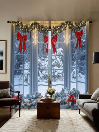 2pcs/Set 2D Flat Modern Art Christmas Tree, Santa Claus, Snowflake Decorative Semi-Blackout Sheer Curtains For Living Room, Bedroom