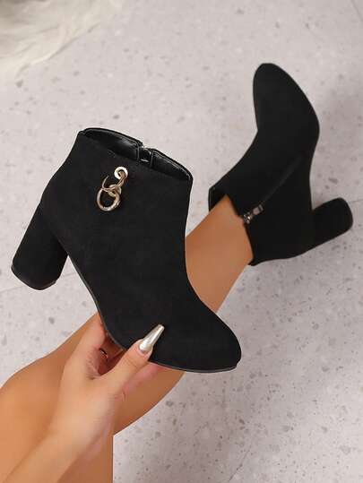 2026 New Women's Suede Fashion High Heel Side Zipper Ankle Boots, Solid Color Cute Casual Elegant Buttons Side Zipper High Heel Boots For Outdoor All Seasons