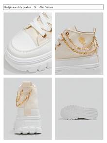 Alan Vincent[帆布鞋系列]厚底帆布鞋 2025 新款女式高帮帆布鞋配金链厚底鞋增高运动鞋女士运动鞋米色女鞋时尚休闲帆布女鞋