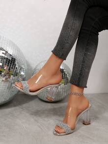 1 Pair Teen Girls Crystal Heel Sandals, Round Toe Open Toe Chunky Heel Shoes With 2 Rhinestone Straps, Slip-On High Heels, PU Material, Comfortable & Non-Slip, 8.5cm Heel Height, Suitable For Teens, Holiday & Outdoor Wear, Spring/Summer 2025 New Arrival