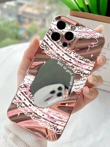 1pc Fashion Brilliant 3D Textured Electroplated Rose Gold Phone Case With Lace, Bow, Star, Slogan Elements Combination + Makeup Mirror, Compatible With Iphone 16/16 Pro/16 Plus/16 Pro Max/15/15 Pro/15 Plus/15 Pro Max/14/14 Pro/14 Plus/14 Pro Max/13/13 Pro/13 Pro Max/12/12 Pro/12 Pro Max/11/11 Pro Max - Rose Gold - View 2