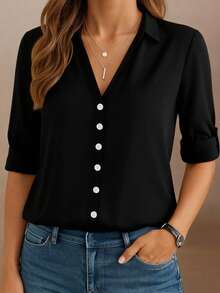 Nueva camisa casual suelta con botones de unicolor elegante para mujer de talla grande, negra de verano - Negro - Ver 1