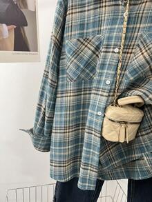 American Casual Plaid Pocket Front Button Down Brushed Shirt - Blue - View 7