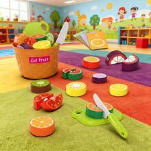 23pcs Kids Kitchen Playset Pretend Play Cutting Fruit Toys With Storage Bucket, Knife And Cutting Board, Girls Roleplay To Improve Color Recognition, Birthday/Christmas/New Year Gift - Black - View 8