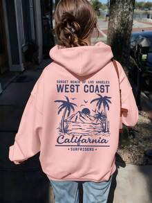 Tween Girl Letter Printed With A Beach Sunset Line Theme Sweatshirt. Comfortable And Casual Fall-Winter Fashion. Versatile, Cute, Soft And Machine-Washable, Casual And Fashionable, Suitable For Travel, Party And Campus Wear.Suitable For School, Vacation And Shopping - Pink - View 2