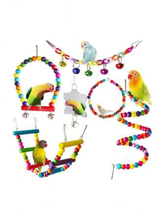 1pc Bird Toy - Acrylic Mirror, Swing, Beaded Climbing Rope, Colorful Ladder, Parrot Chewing Toy, Bird Swing, Ladder Bridge, Bird Supplies, Parrots, Cage Accessories (Random Color, Bead Color & Shape Not Fixed)