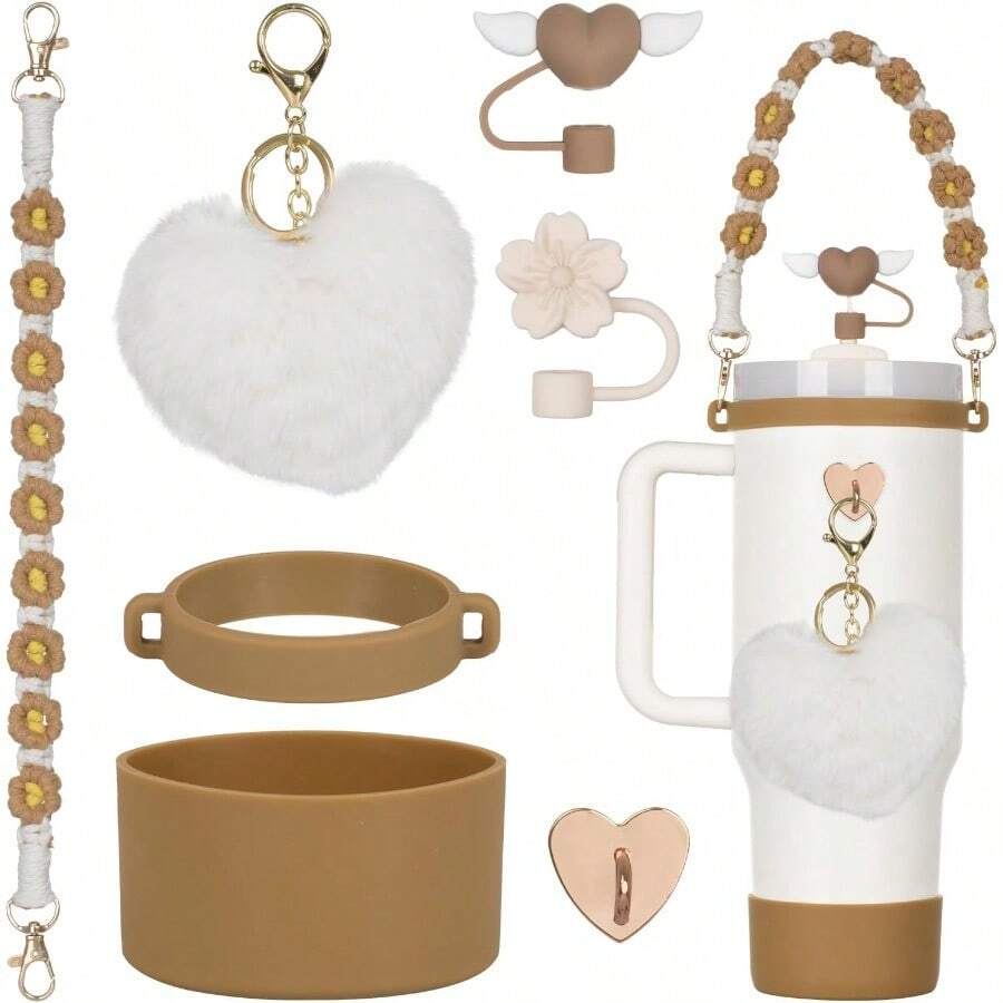 AFRT 7Pcs Khaki Stanley Cup Accessories Set With Handle Strap Love Heart/Flower Straw Topper Straw Cover Cap Silicone Boot Love Heart Charms For Water Bottle Tumbler 20oz 30oz 40oz - 卡其色 - 查看 1