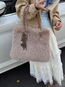 Fashionable Fluffy Casual Minimalist Chic One Shoulder Handbag For Women, Autumn 2025 - Coffee - View 4