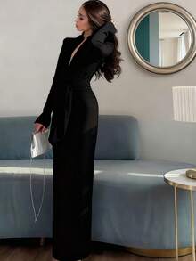 女士优雅长袖纯色连衣裙，带领子、拉链，修身剪裁，适合秋冬季黑色系春季派对 - 黑色 - 查看 3