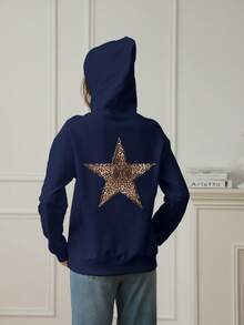 A Casual Printed Hoodie For Girls And Children, Hooded Sweatshirt For Autumn And Winter Students, Young Children's Clothing, Long Sleeves With Added Velvet And Thick Top, Leopard Print Pentagram Hooded Sweatshirt, Ready For Dreamers Chasing Starlight!Hoodies Tween Girl Clothes Kids Clothes Girls Leopard Pattern Pentagram