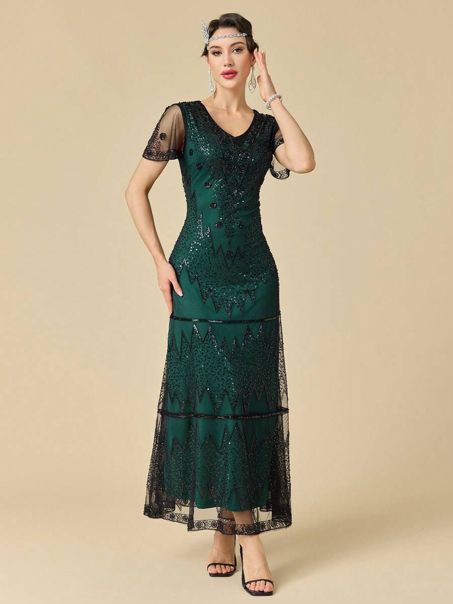 Women's Flapper Dress 1920s V-Neck Evening Gown Sequin Beaded Long Dress For Wedding