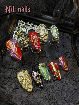 Set de 10 uñas postizas hechas a mano con estilo Y2K Baddie, con ojos de gato rojo y champán, ojos de gato negro y verde, tie dye, estrellas hechas a mano, decoración de bolas de acero y diamantes, para uso diario y ocasiones especiales como Año Nuevo y Navidad. Incluye 1 almohadilla de gel y 1 lima de uñas.