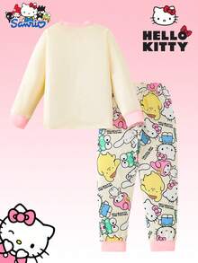 2pcs SANRIO Sanrio Girls' Outfit, Includes Hello Kitty Printed Green Crew Neck Long Sleeve T-Shirt And Drawstring Pants, Comfortable Fabric, Suitable For Casual, Home, Holiday, Halloween, Christmas Gifts, Teenage Fashion - Apricot - View 2