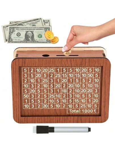 Un set di salvadanai di legno etichettati per piani di risparmio. Organizzatori di monete e banconote. Perfetti come decorazione per la stanza, decorazione per la casa, decorazioni natalizie, decorazioni per matrimoni, scatole di immagazzinaggio, scatole regalo, scatole per giocattoli, scatole dipinte numerate, organizzatori per strumenti di artigianato