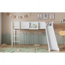 Hochbett, Etagenbett Mit Dreistufiger Gerader Leiter, Kinderbett, Jugendbett Mit Rutsche, Mit Abnehmbarem Regal, Kiefer+MDF, Weiß+Natur, 90x200cm - 白色 - 查看 3