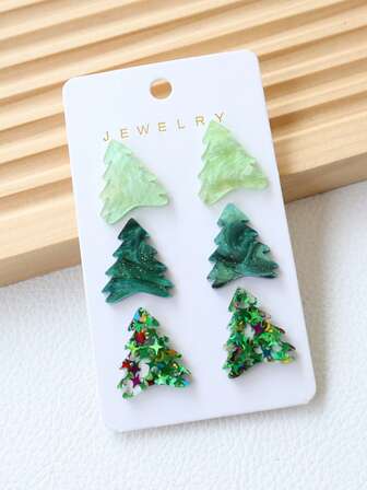 3 pares/set de pendientes de árbol de Navidad de acrílico brillante, conjunto de joyas de regalo navideño lindo para fiestas