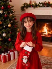 Ages 3-8 1PC Kids Solid Retro Beret Hat, Unisex Cute Fashion Artist Cap For Spring & Autumn Toddler Girls Boys Outdoor Daily Use-Christmas Beret-Suitable For Christmas Party Outfits