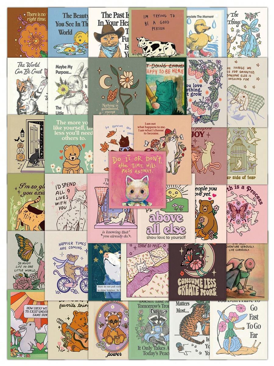 50pcs Unique Mind Stickers - Daily Positive Quotes, Cartoon Animal Patterns, Inspirational Sayings, Suitable For Journals, Laptops, Walls | Boost Positive Mindset, Motivate Yourself, Journal Accessories | Fun Design | Glossy School Supplies