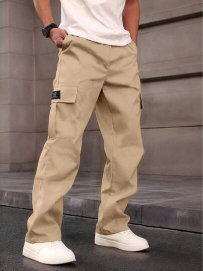 1 pieza Pantalones casuales para adolescentes, estilo minimalista, pierna recta holgada con múltiples bolsillos tipo cargo, adecuados para entrenamiento, actividades al aire libre, primavera/verano/otoño