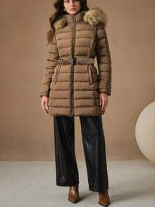 女式加厚仿毛领连帽夹克，双拉链，腰部抽绳 - 卡其色 - 查看 4