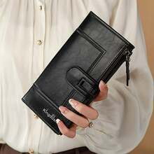 Double Zipper Long Wallet, Foldable PU Leather Coin Purse, Multi Card Slots Clutch Bag - 黑色 - 查看 5